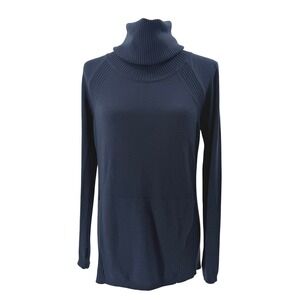 Lululemon Navy Blue Turtleneck Sweater Thumbhole Ribbed Knit Merino Wool S 4 6
